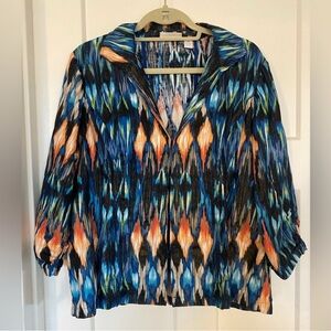 Chico's 2 Blazer Women L Jacket Cotton Linen Pianna Majestic Ikat Metallic.